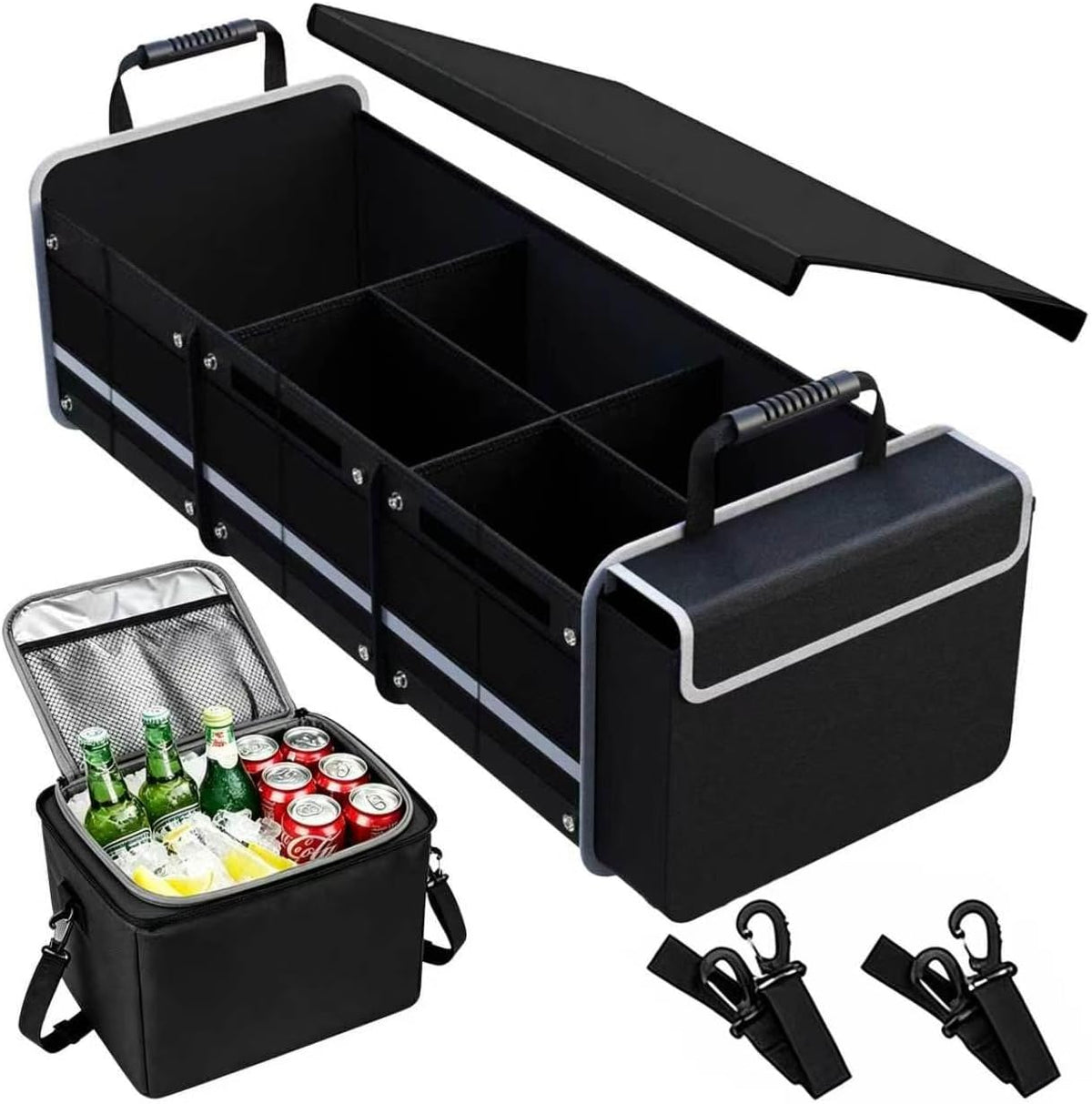 Car Trunk Organizer with Removable Cooler Bag - Collapsible Multi-Compartment Storage for SUV Truck Groceries Camping, Durable Nylon Auto Cargo Organizer (Gray)