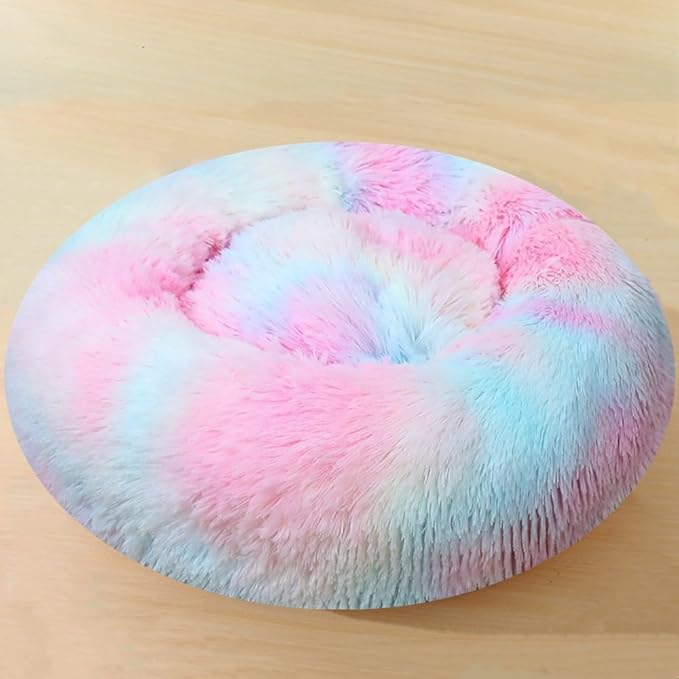 Calming Small Dog Bed & Cat Bed, 16 Inch Donut Fluffy Anti-Anxiety Round Bed Washable Cute Bed, Cuddler Warming Cozy Soft Bed, Plush Cushion Bed for Small Medium Dogs and Cats (Multi Color)