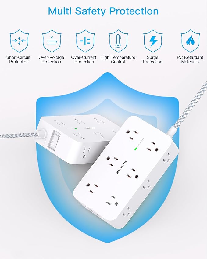Power Strip Surge Protector, HANYCONY 12 Multiple Outlets 4 USB Ports (2 USB C), 5Ft Braided Extension Cord Flat Plug, Overload Surge Protection, Desk for Office Home College Dorm Room Essentials