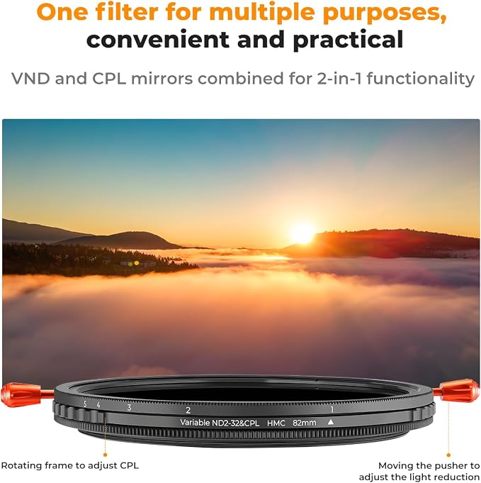 K&F CONCEPT 82mm Variable ND2-32 & Circular Polarizing Lens Filter in 1