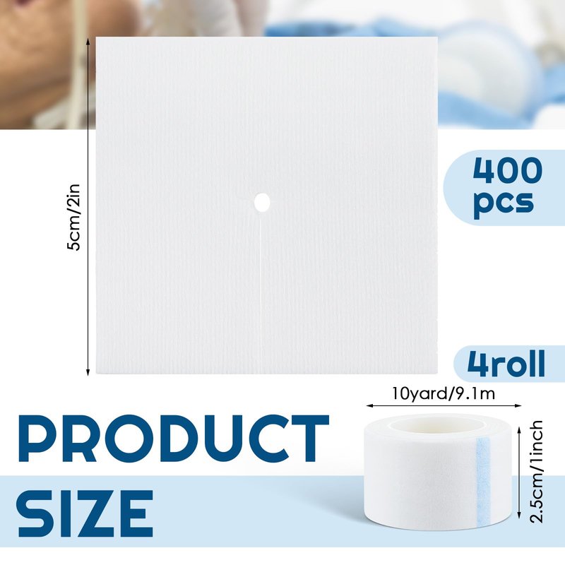 Timgle 400 Pcs 2" x 2" Split Gauze Pads 6 Ply Split Drain Sponge Gauze Non Woven Slit Bandage Sponges with Tape for Wound Care Tubes Drains Supplies