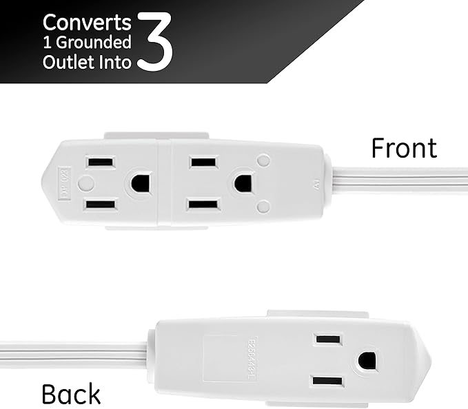 GE 3-Outlet Flat Extension Cord 8 Ft Grounded Extension Cord with Multiple Outlets 3 Prong Outlet Extender Flat Plug Indoor Power Strip 16 Gauge UL Listed White 50251