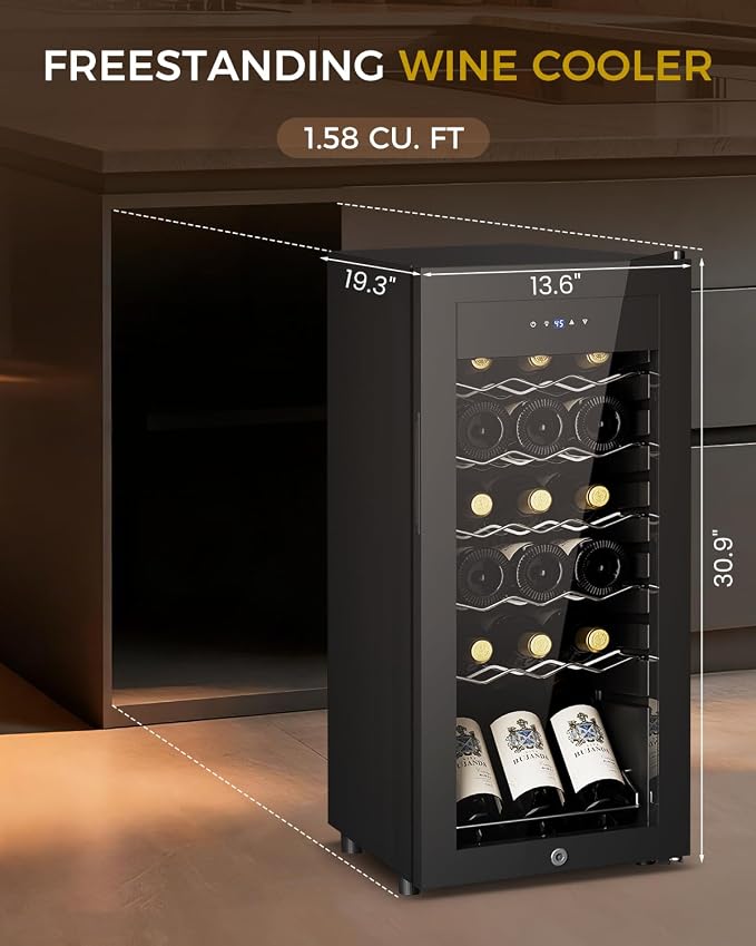 Feelfunn 18 Bottle Wine Cooler Refrigerator - Small Wine Fridge with Glass Door & Digital Temperature Control, Freestanding Wine Refrigerator for Red, White, Champagne or Sparkling Wine, Black