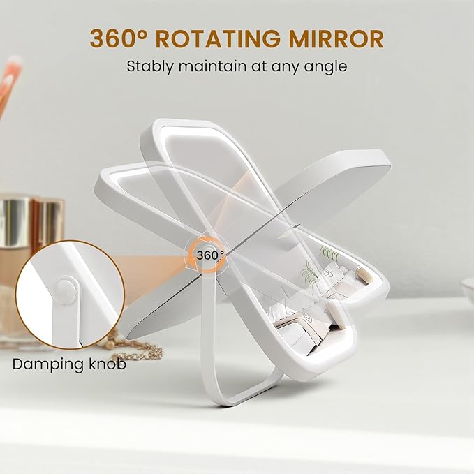 Vanity Mirror with Lights, 8"×6" LED Makeup Mirror Built-in 1500mAH Lithium Battery, 3-Color Lighting, Dimmable, Lighted Up for Makeup Desk (White)