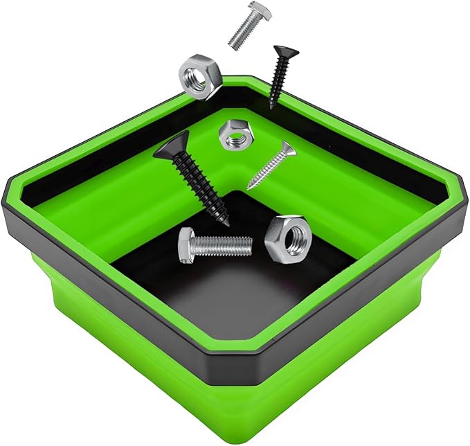 Collapsible Magnetic Parts Tray, 4.5" Square Silicone Tool Tray with Dual-Sided Magnetic Base, Foldable Small Metal Parts Organizer Storage Bowl for Screws Bolts Nuts Washers (Green)