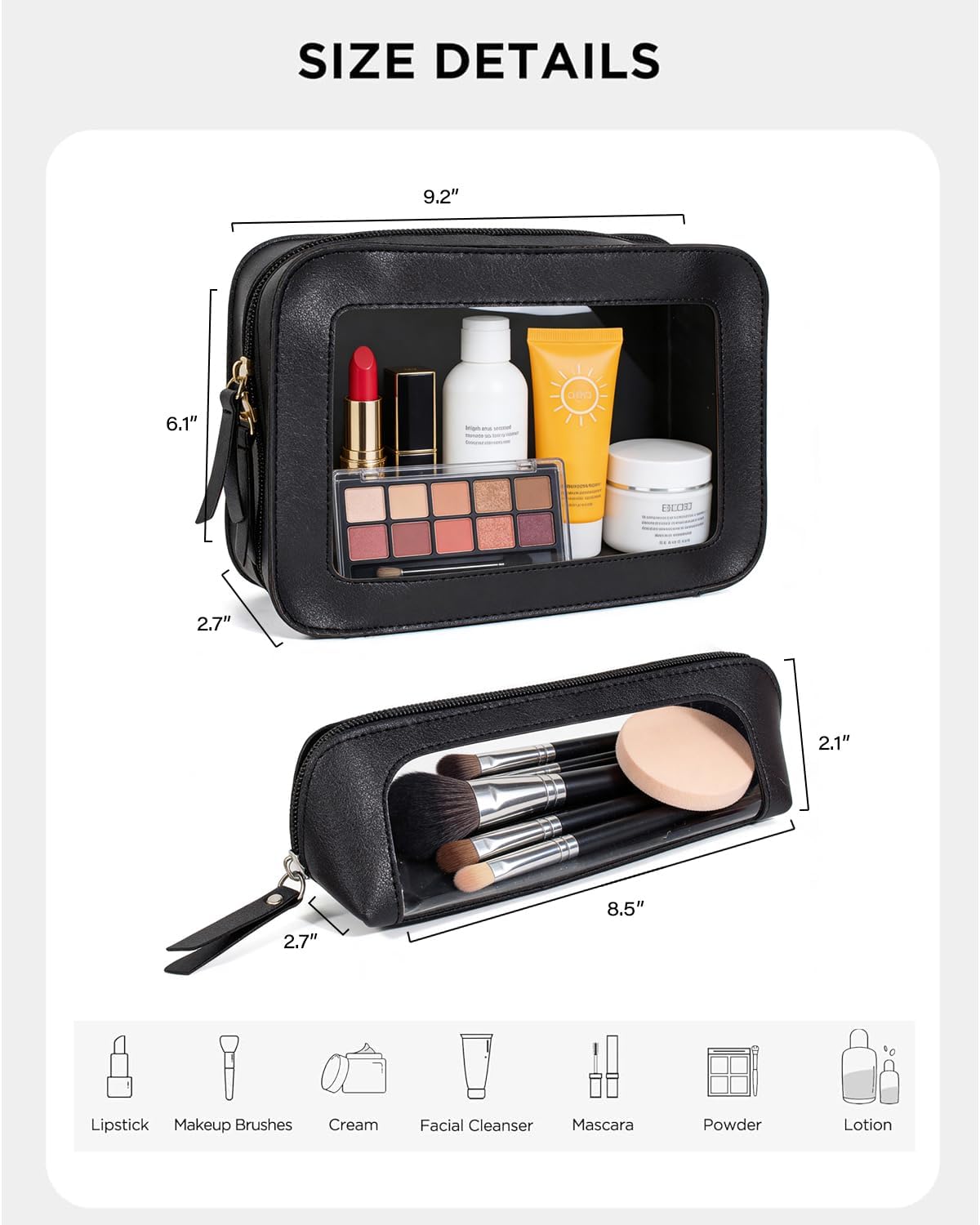 LETGO 2Pack Clear Makeup Bags, Portable Clear Makeup Brushes Bag Case Travel Car Accessories Essentials,Slim Makeup Pouch for Purse for Women (2Pack-Black Set)
