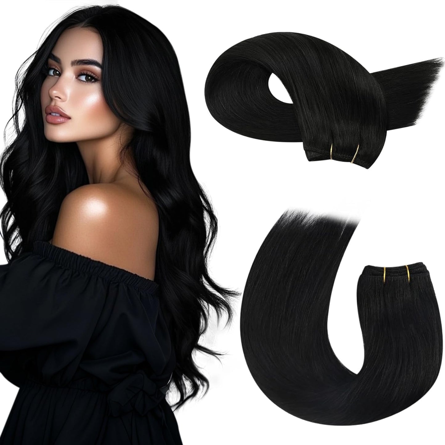 Moresoo Sew In Black Remy Weft Hair Extensions - Human Hair, Double Weft, Jet Black #1, 18 Inch, 100G
