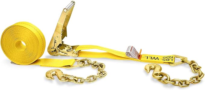 Two 2-in. X 27-Ft. Heavy-Duty Ratchet Straps with Chain Ends and Grab Hooks, 10,000 Lbs. Break Strength | Chain TieDowns By DC Cargo Mall