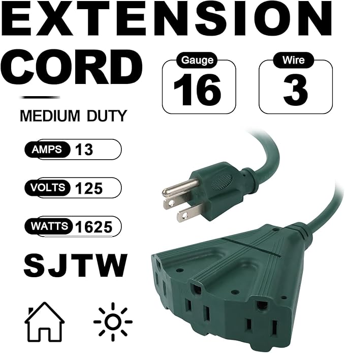 EP 6 Ft Outdoor Extension Cord with 3 Electrical Power Outlets - 16/3 SJTW Green Cable with 3 Prong Grounded Plug for Safety Great for Christmas Lights, Garden and Major Appliances