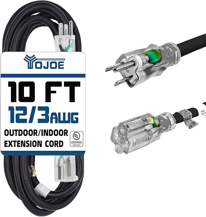 YOJOE Indoor Outdoor Extension Cord with Lighted End, 3 Prong 15A Weatherproof Power Cord, 12 Gauge Heavy Duty 10 ft Black Extension Cord for Garage, Garden and Home, 12/3 SJTW UL Listed