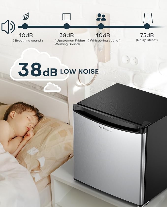 Upstreman 1.7 Cu.ft Mini Fridge with Freezer, Stainless Steel-FR17 | Dorm Essentials, Adjustable Thermostat, Energy Saving, Low Noise, Compact Refrigerator for Dorm, Office, Bedroom