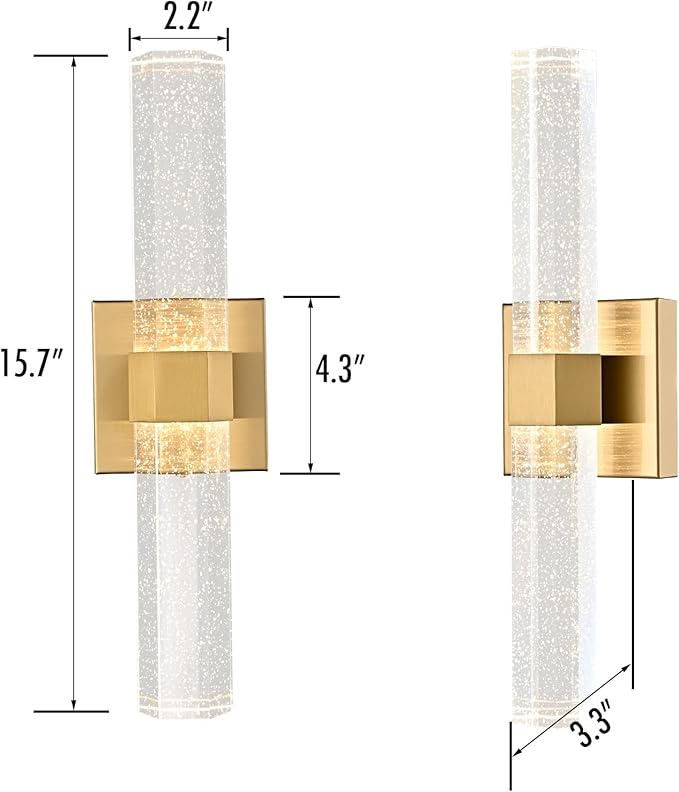 HOLKIRT Gold Bath Vanity Light Crystal Wall Sconce Light 15.7" Modern LED Vanity Wall Light Over Mirror with Seeded Crystal Rods 3000K/4000K/6500K Indoor Wall Lamp for Bathroom Bedroom Hallway