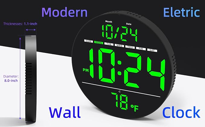 Digital Wall Clock with Large LED Display, Temperature, Auto-Brightness | Small