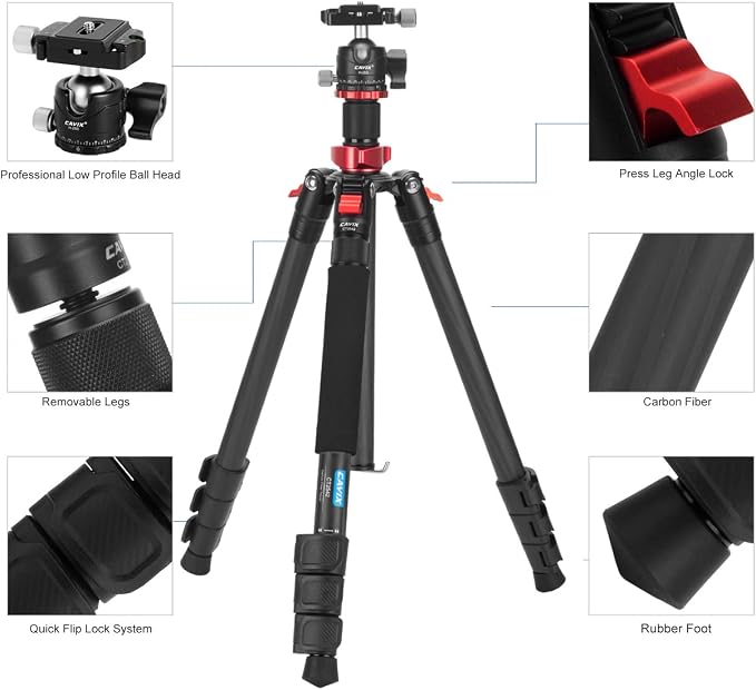 CAVIX 62" Professional Carbon Fiber Camera Tripod, Tripod & Monopod 2 in 1