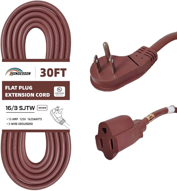 Flat Plug Indoor Extension Cord, UL Certified, 16 Gauge 30FT Brown 3 Prong Heavy Duty, 16/3 SJTW 13A Power Cord for Lights, Appliances, Home