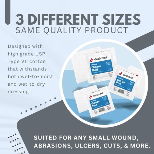 Dealmed Sterile Gauze Pads - 2" x 2" Disposable & Individually Wrapped (100 Count) for First Aid Kits