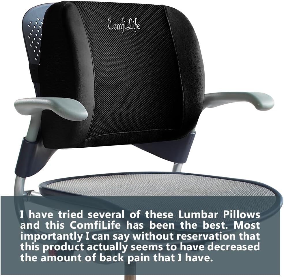 ComfiLife Lumbar Support Back Pillow Office Chair and Car Seat Cushion - Memory Foam with Adjustable Strap and Breathable 3D Mesh (Black)