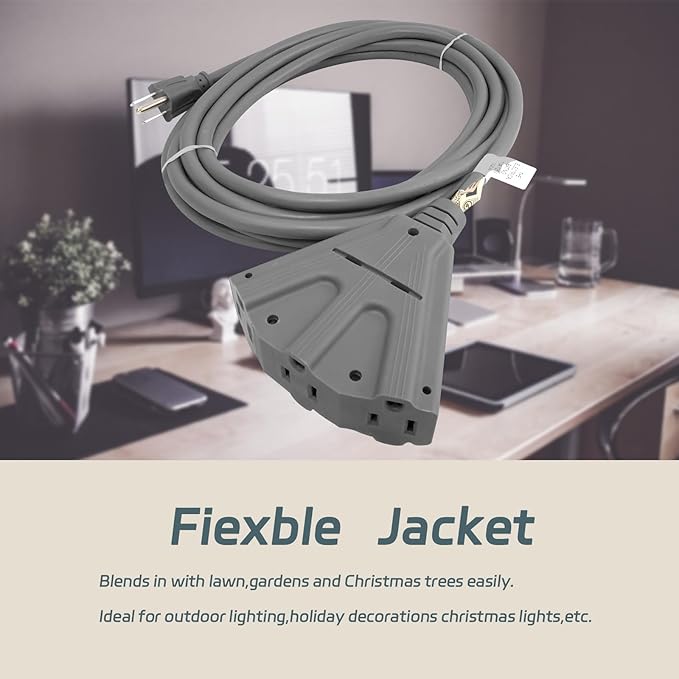 EP 2 Pack 15 Ft Outdoor Extension Cord with 3 Electrical Power Outlets - 16/3 SJTW Grey Cable with 3 Prong Grounded Plug for Safety Great for Christmas Lights, Garden and Major Appliances
