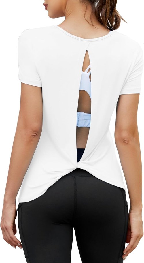Mippo Open Back Workout Tops for Women - Soft Short Sleeve Athletic Yoga T-Shirts