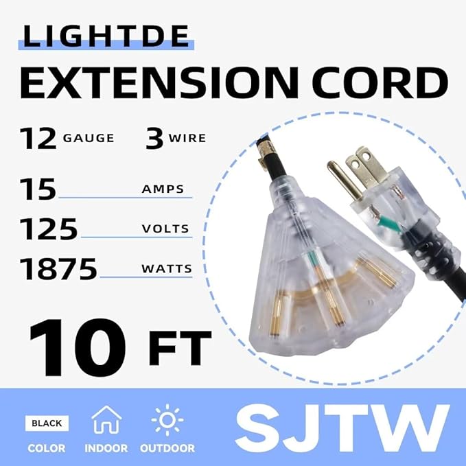 10 Ft Lighted Outdoor Extension Cord with 3 Electrical Power Outlets - 12/3 SJTW Heavy Duty Black Extension Cable with 3 Prong Grounded Plug for Safety, UL Listed