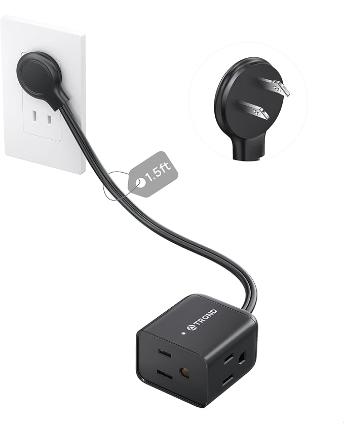 TROND Indoor 2 Prong to 3 Prong Extension Cord 1.5ft - Polarized Flat Plug for Behind Furniture, Small 3 Way Outlet Extender for Non-Grounded Socket in Old House Home Office Kitchen Travel, Black