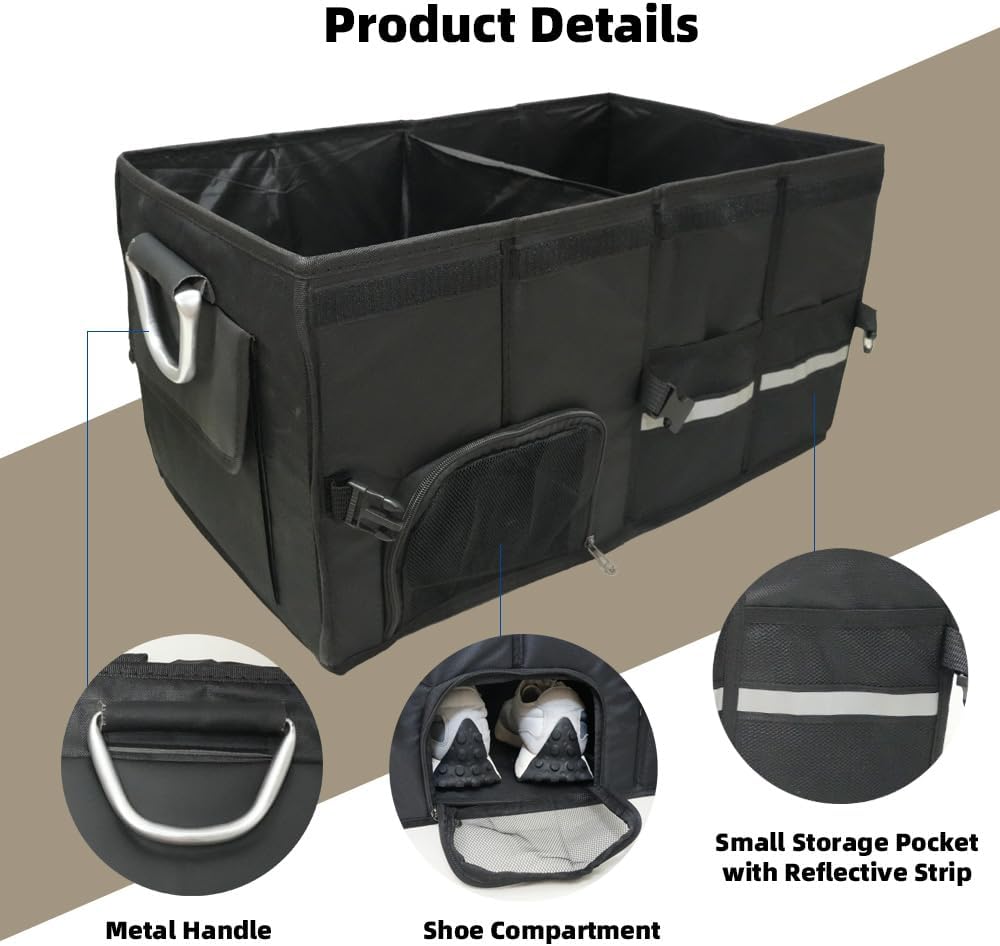 Trunk Organizer with Dedicated Shoe Compartment, Foldable Car Storage Organizer for SUV Sedan, Sturdy Automotive Organizer for Car Accessories Tools Sundries Black (XX-Large)