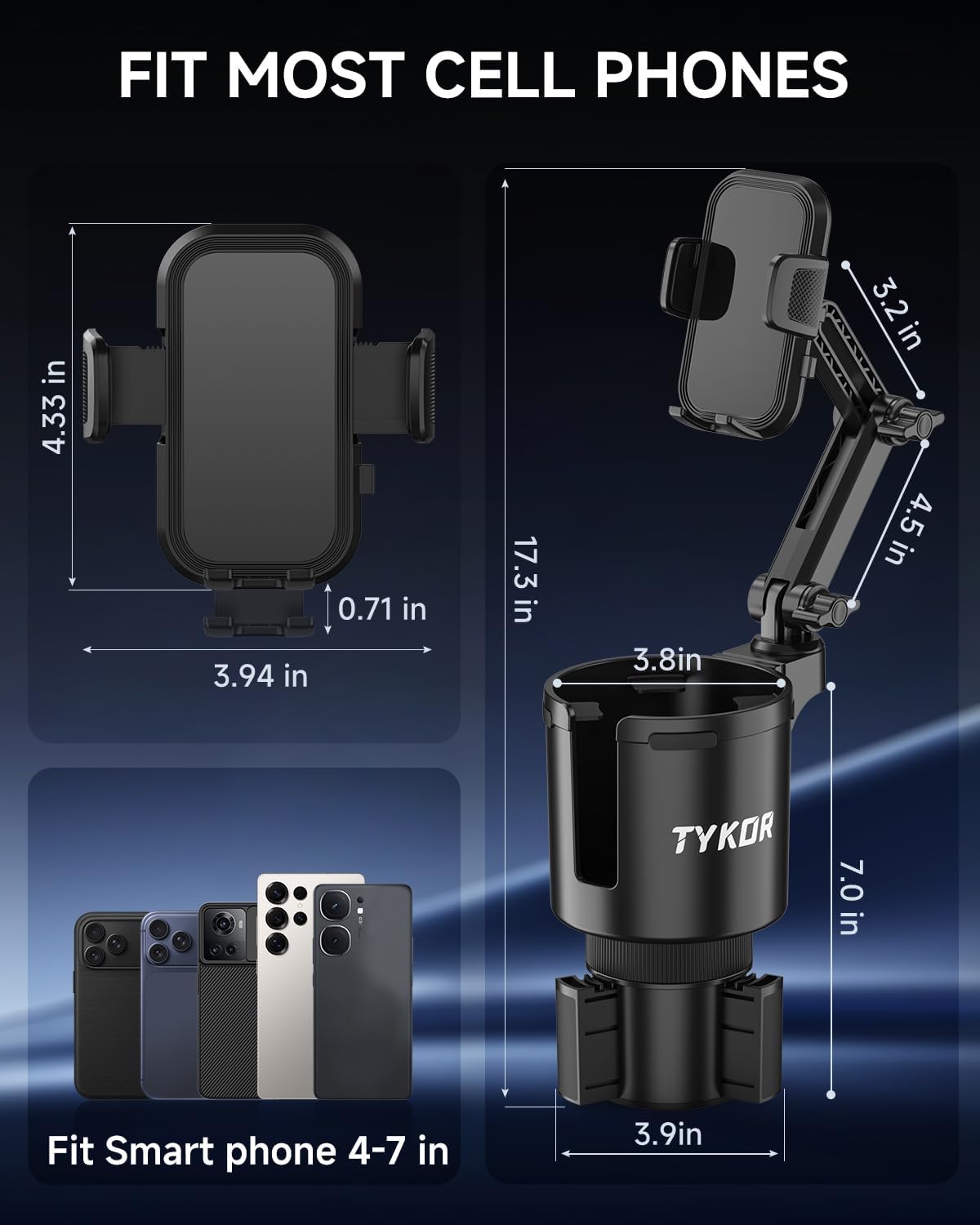 TYKOR Cup Holder Phone Holder for Your Car, 2 in 1 Cup Holder Phone Mount