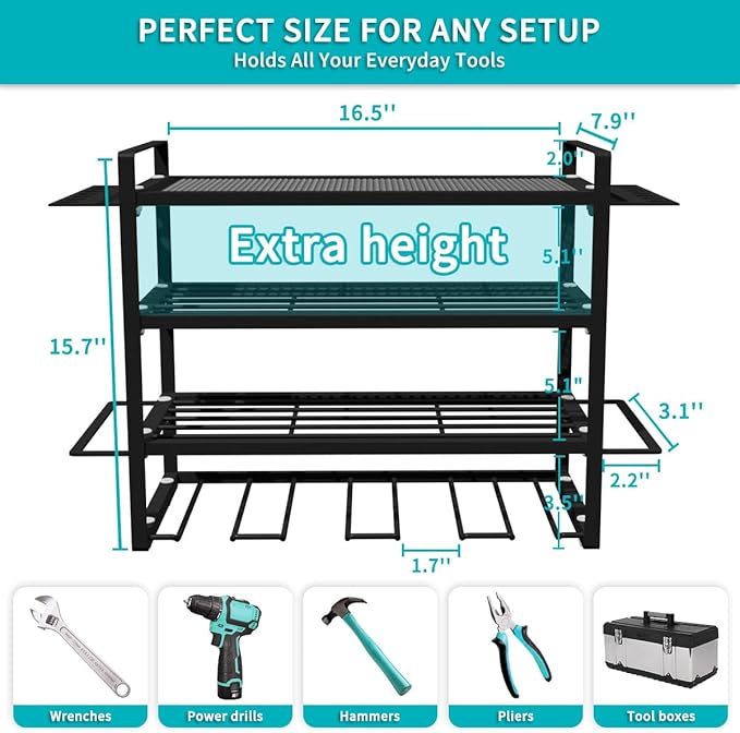 Power Tool Organizer Wall Mount Loads 200lbs, 4 Layers Heavy Duty Tool Organizers and Storage, Cordless Tool Rack with 4 Drills Holder, for Garage Workshop Shed Tool Room Garden