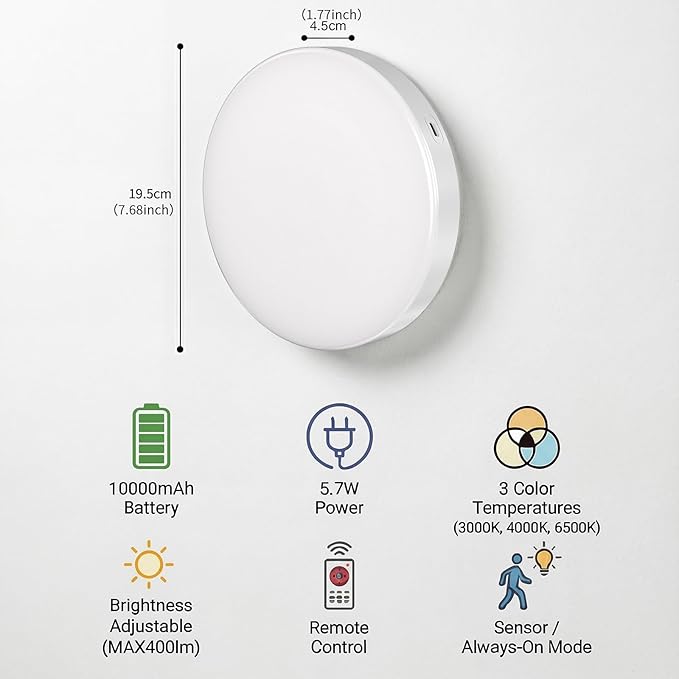 10,000mAh Rechargeable Radar Motion Sensor Ceiling Light with Remote, 7.68" Wireless LED Light No Wiring, 3 Color Temperatures, Dimmable Always-on Mode, Battery Powered for Shower Closet Shed Garage