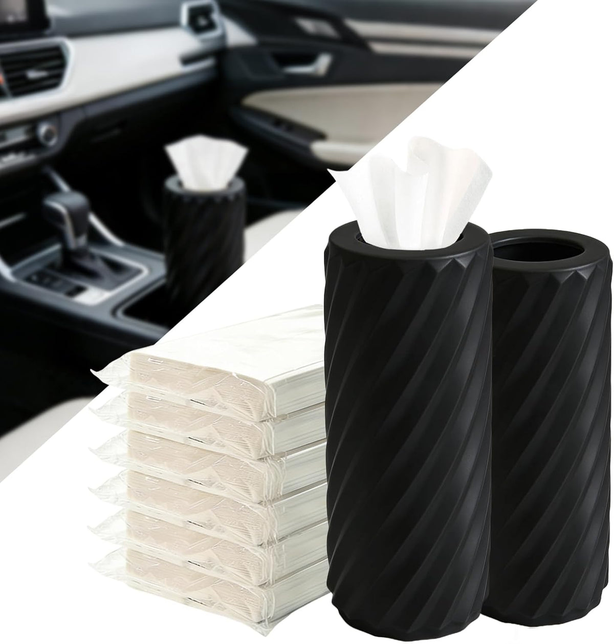 2-Pack Car Tissue Holder with 6 Tissue Refills, Reusable Plastic Auto Tissue Canister for Cup Holders Compact Travel Tissue Dispenser, Car Accessories for Cars, SUVs, Trucks.(2PACK-Black)