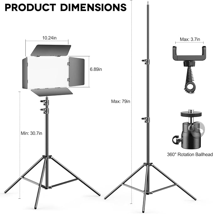2 Pack LED Video Light Kit 79'' Tripod Light Stand, 30W 3000Lux Photography