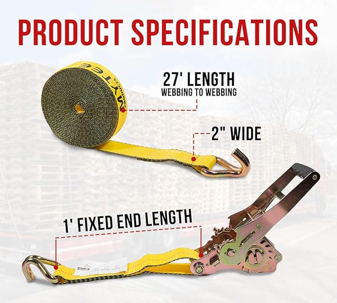 Mytee Products 2 Pack 2" x27' Self-Tensioning Ratchet Strap with J Hooks - 10,000 lbs BS - Heavy Duty Tie Down Large Bar Handle and Cargo Straps with Wire Hooks for Flatbed, Trucks, Pickup - Yellow