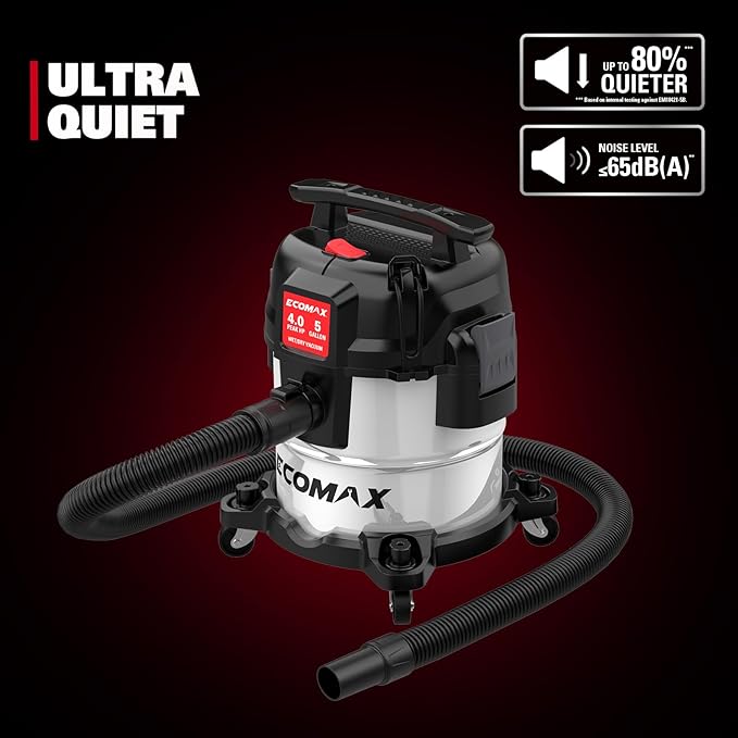 ECOMAX 5 Gallon Ultra Quiet Shop Vacuum Wet and Dry, 4 Peak HP Stainless Steel Shop Vac, Up to 80% Quieter Operation, Durable Long-Life Motor, Portable Vacuum for Garage, Workshop & Jobsite