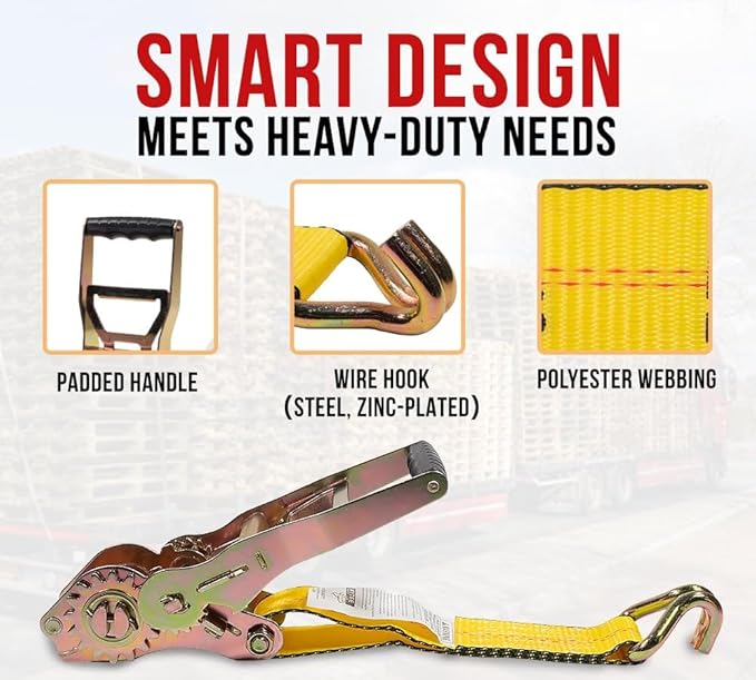 Mytee Products 2 Pack 2" x27' Self-Tensioning Ratchet Strap with J Hooks - 10,000 lbs BS - Heavy Duty Tie Down Large Bar Handle and Cargo Straps with Wire Hooks for Flatbed, Trucks, Pickup - Yellow