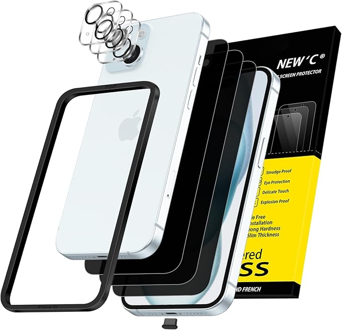 NEW'C 3x Privacy for iPhone 15 Screen Protector+ 3x Camera Lens Protector