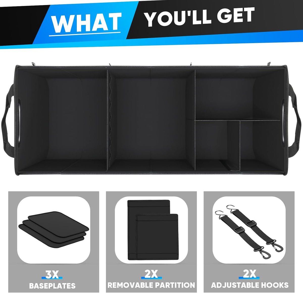 Simniam Large Car Trunk Organizer - with 5 Compartments Trunk Organizers and Storage SUV, Reinforced Handle, Securing Straps, Trunk Organizer Available for Car, SUV, Truck, Minivan