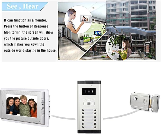 6 Units Apartment Video Intercom System, 7 inch Monitor Wired Video Door Phone