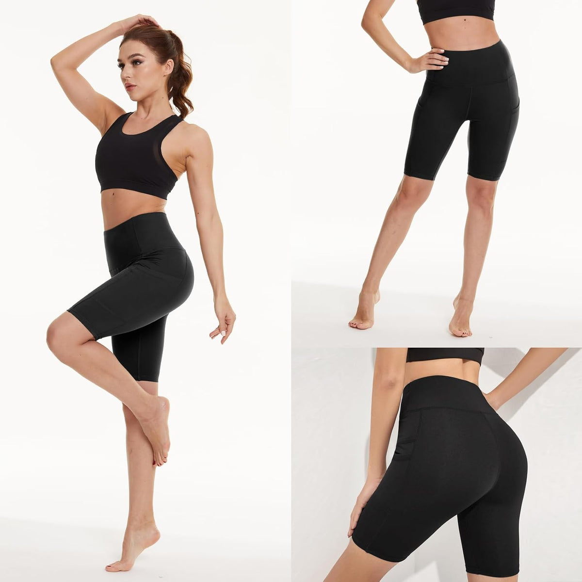 Skiennix Biker Shorts for Women - 3 Pack of 8" Black High Waisted Tummy Control for Gym & Yoga