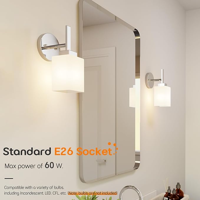 Wall Sconce Polished Chrome Bathroom Light Fixture with White Frosted Glass Shade, Vanity Lightings for Mirror Hallway Entrance Porch T002CH-L1