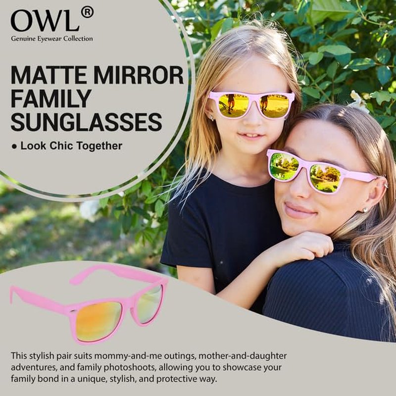 OWL Matching Family Sunglasses - UV400 Protection with Impact Resistant Polycarbonate Lenses - Lightweight Kids’ Polarized Matte Frame Mirror Glasses - Mommy & Me – Mother & Daughter - Turquoise
