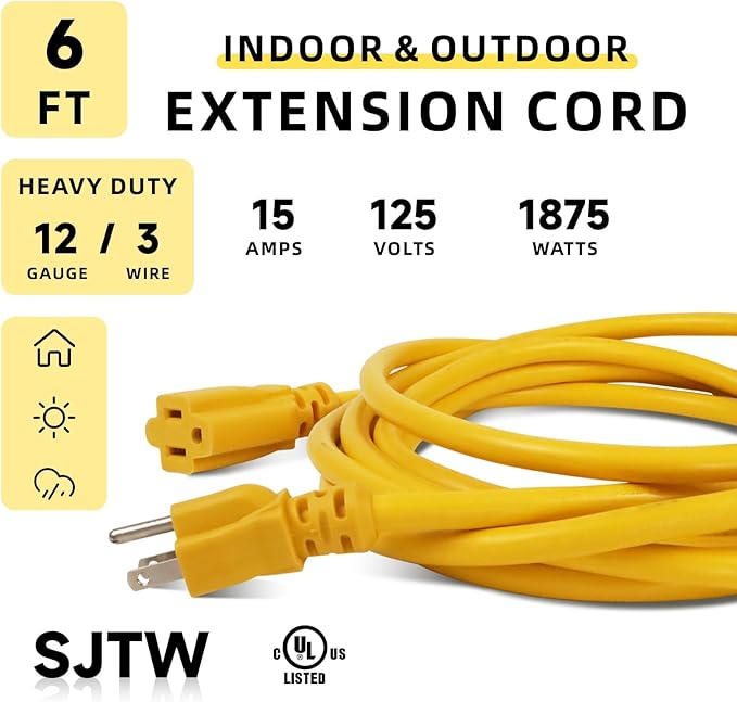 EP 12/3 6 FT Indoor Outdoor Yellow Extension Cord Waterproof, 12 Gauge 3 Prong Power Cord Flexible Resistant Appliance Extension Cable Electric Cable Outside, 15A 1875W 12AWG SJTW, ETL Listed