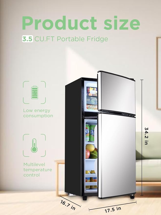 F.W.WOOLWORTHS 3.5 Cu.Ft Refrigerator with Freezer | Compact Fridge with 2 Doors for Office, Kitchen, Dorm and Bedroom, 7 Level Temp Adjustable Thermostat, Silver
