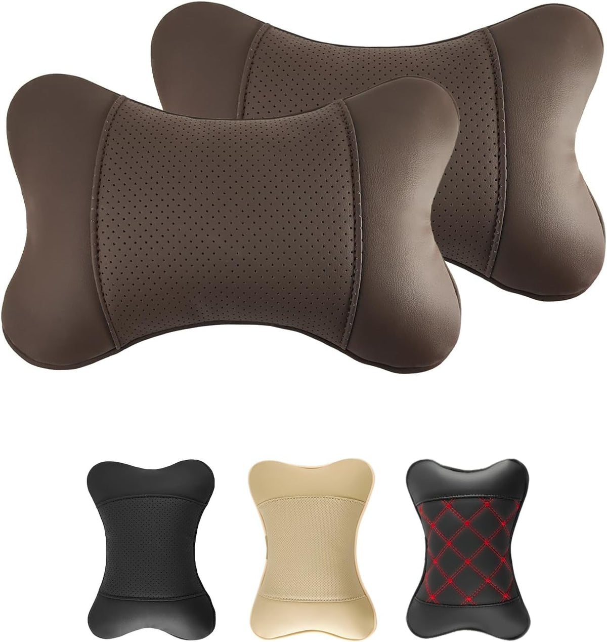 2 Pack Car Neck Pillow PU Leather Automotive Headrest Pillow for Car Support Neck Pain Relief Universal Car Pillow (Brown)