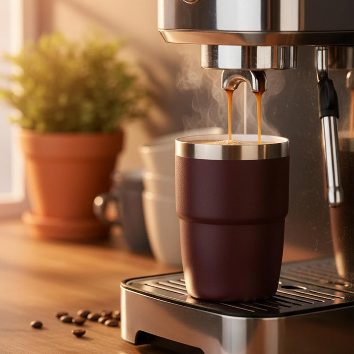 Zenbo Stackable Espresso Cups - 8 oz Ceramic-Lined Stainless Steel Tumblers | Double-Wall Insulated, Dishwasher Safe (Vine Crimson Red - 2 Pack)
