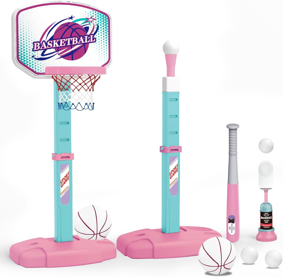 Skiennix 3-in-1 Basketball Hoop & Tee Ball Set - Adjustable Height, Automatic Pitching Machine, Pink | Perfect Outdoor & Indoor Sports Gift for Kids Ages 1-8