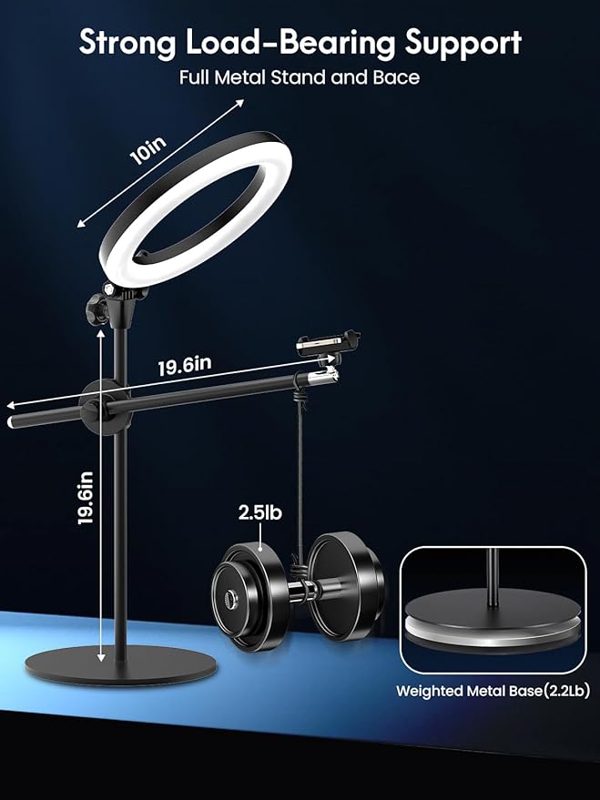 Selfie Ring Light with Stand and Phone Holder, Overhead Phone Mount with 10.5"