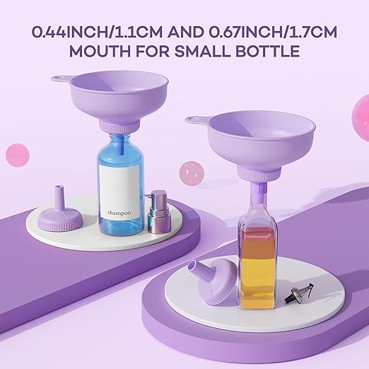 Pisol Wide Mouth Versatile Funnel, Canning Funnels for Kitchen Use, Food Grade Plastic Cooking Funnel Set with 4 Size Spouts and 2 Strainers for Filling Different Bottles and Bags, Purple