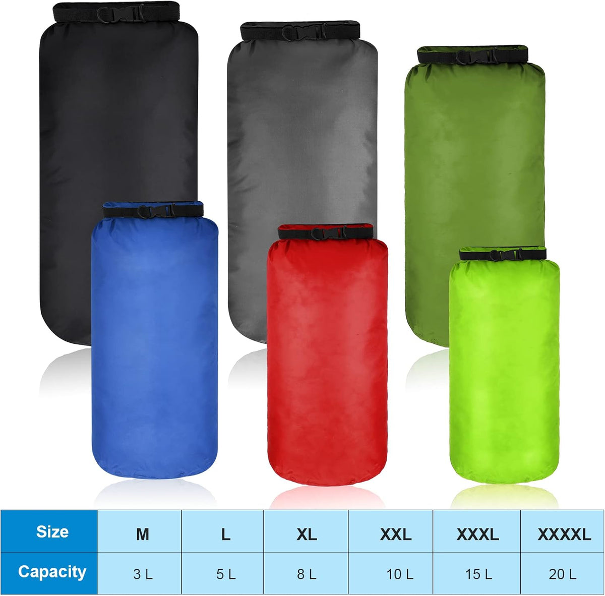 Shappy Waterproof Dry Bag Set - 6 Pcs Ultralight Stuff Sacks for Camping, Kayaking & Hiking | 3L to 20L Sizes