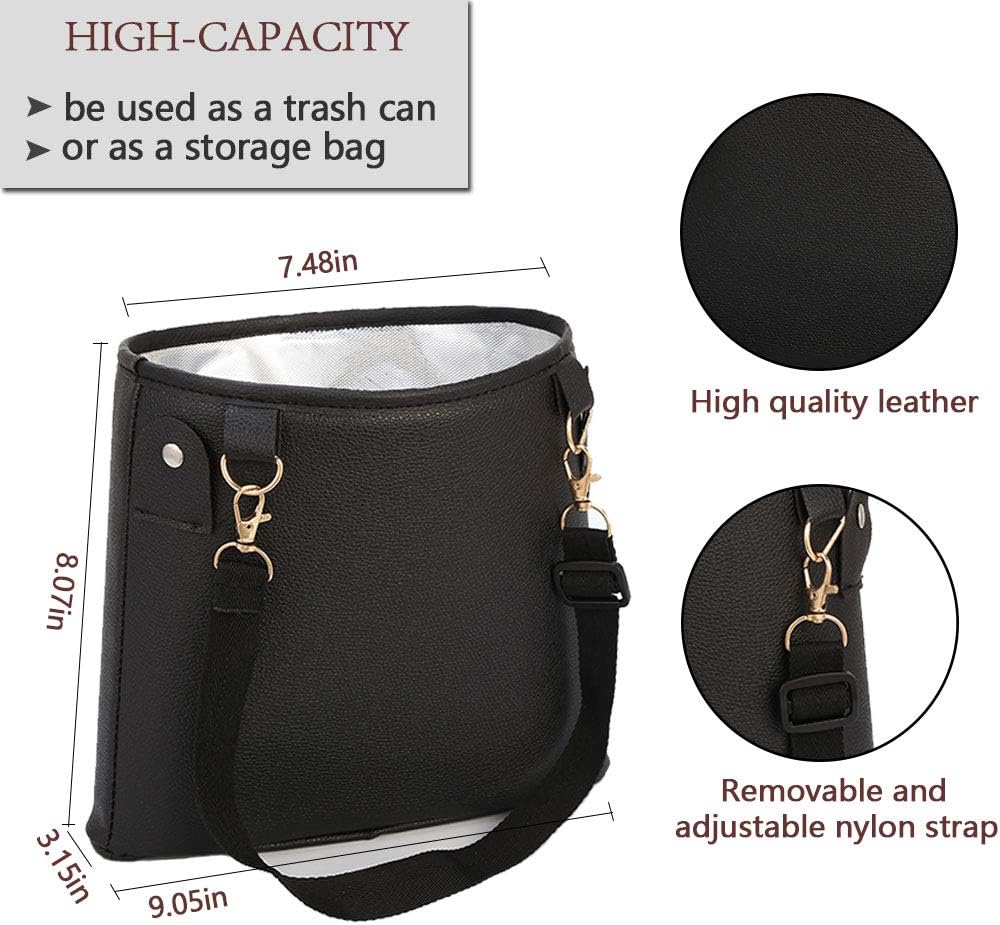 HerMia Hanging Car Trash Can Bin, Garbage Can PU Leather, Waterproof Litter Auto Trash Can for Travelling, Outdoor, and Vehicle (Black)