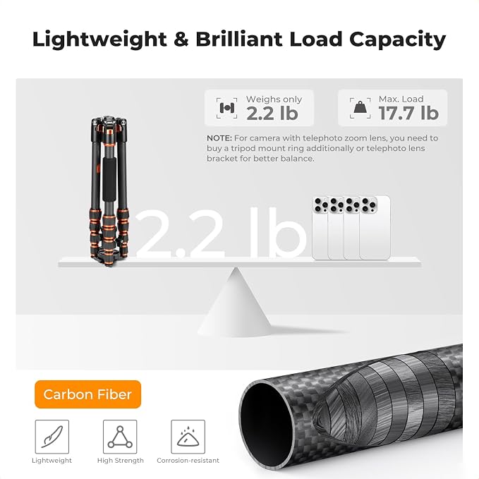 K&F Concept 60 inch Carbon Fiber Camera Tripod, Super Lightweight Compact